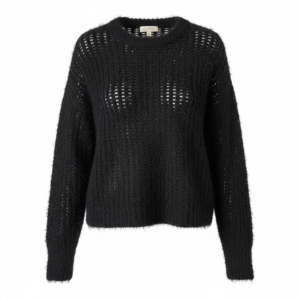 Universal Thread Eyelash Knit Pullover Sweater Black Medium Fuzzy Open Stitch